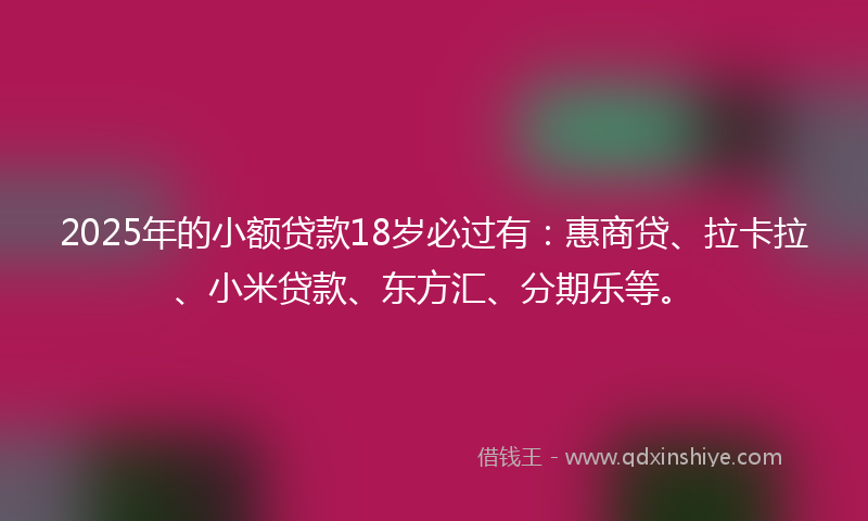 2025年的小额贷款18岁必过有：惠商贷、拉卡拉、小米贷款、东方汇、分期乐等。