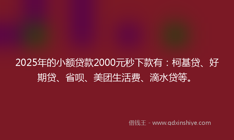 2025年的小额贷款2000元秒下款有：柯基贷、好期贷、省呗、美团生活费、滴水贷等。