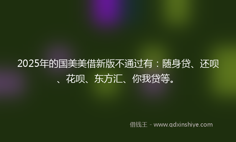 2025年的国美美借新版不通过有：随身贷、还呗、花呗、东方汇、你我贷等。