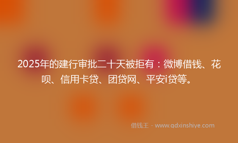 2025年的建行审批二十天被拒有：微博借钱、花呗、信用卡贷、团贷网、平安i贷等。