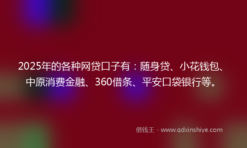 2025年的各种网贷口子有：随身贷、小花钱包、中原消费金融、360借条、平安口袋银行等。