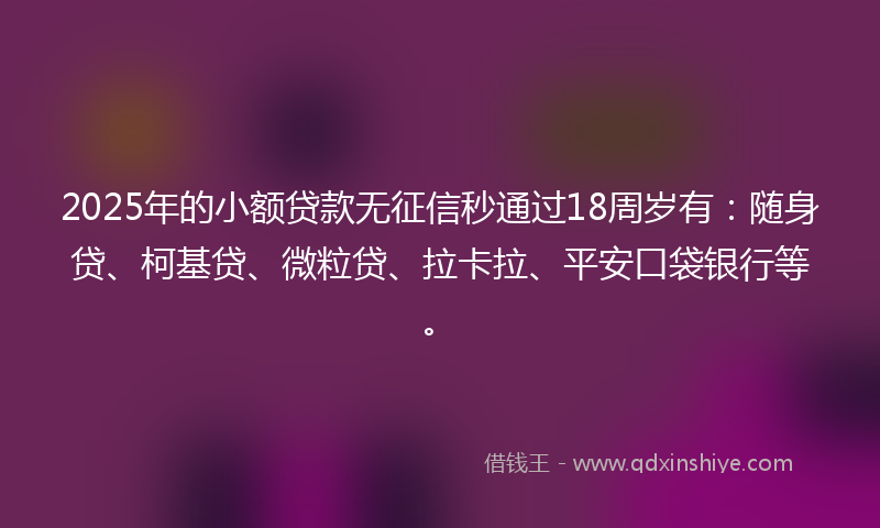 2025年的小额贷款无征信秒通过18周岁有：随身贷、柯基贷、微粒贷、拉卡拉、平安口袋银行等。