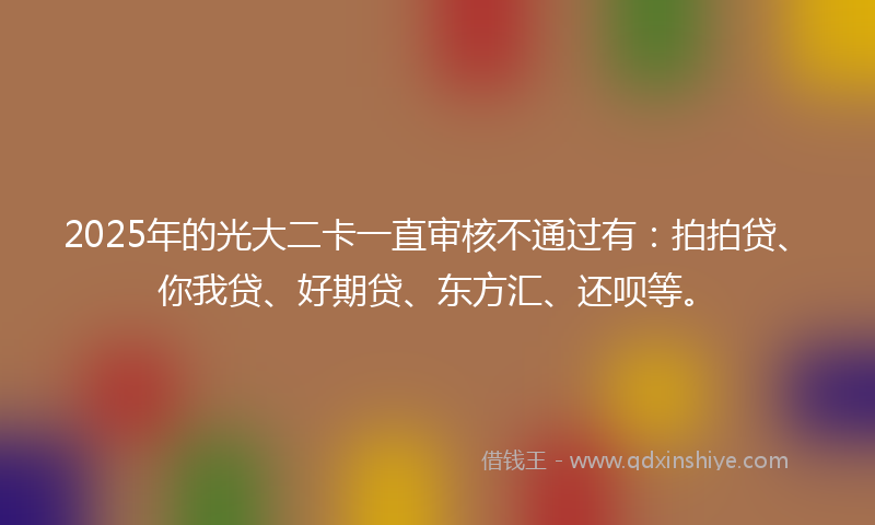 2025年的光大二卡一直审核不通过有：拍拍贷、你我贷、好期贷、东方汇、还呗等。