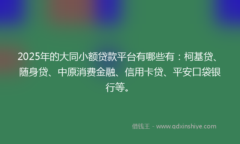 2025年的大同小额贷款平台有哪些有：柯基贷、随身贷、中原消费金融、信用卡贷、平安口袋银行等。