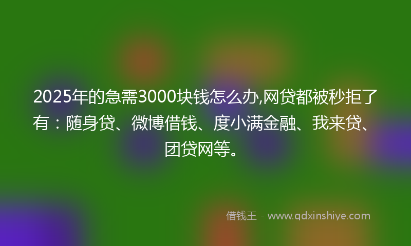 2025年的急需3000块钱怎么办,网贷都被秒拒了有：随身贷、微博借钱、度小满金融、我来贷、团贷网等。