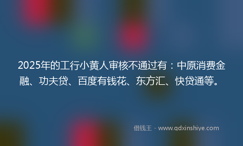 2025年的工行小黄人审核不通过有：中原消费金融、功夫贷、百度有钱花、东方汇、快贷通等。