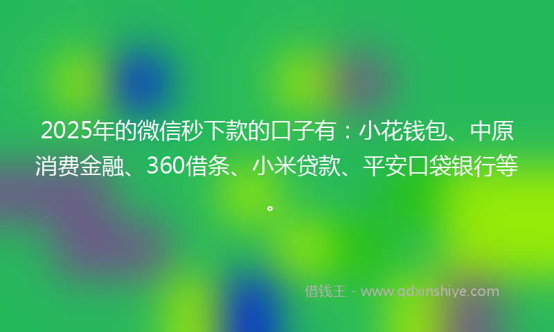 2025年的微信秒下款的口子有：小花钱包、中原消费金融、360借条、小米贷款、平安口袋银行等。