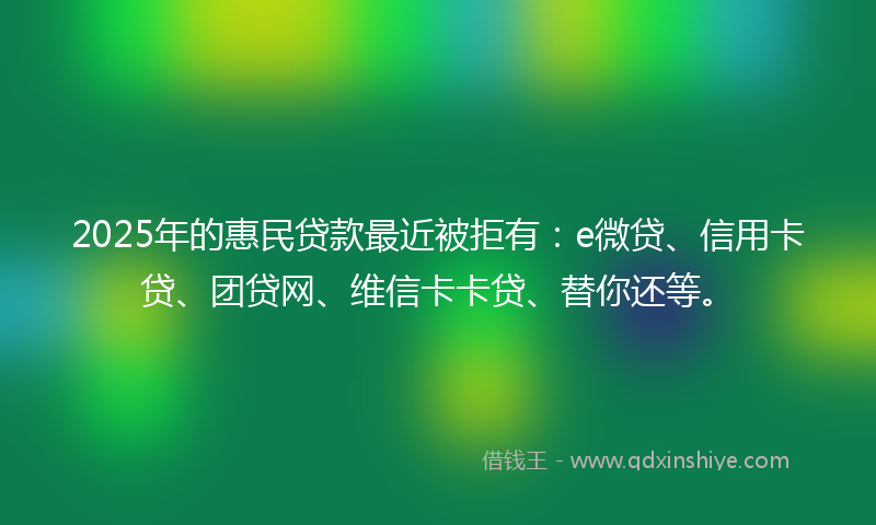 2025年的惠民贷款最近被拒有：e微贷、信用卡贷、团贷网、维信卡卡贷、替你还等。