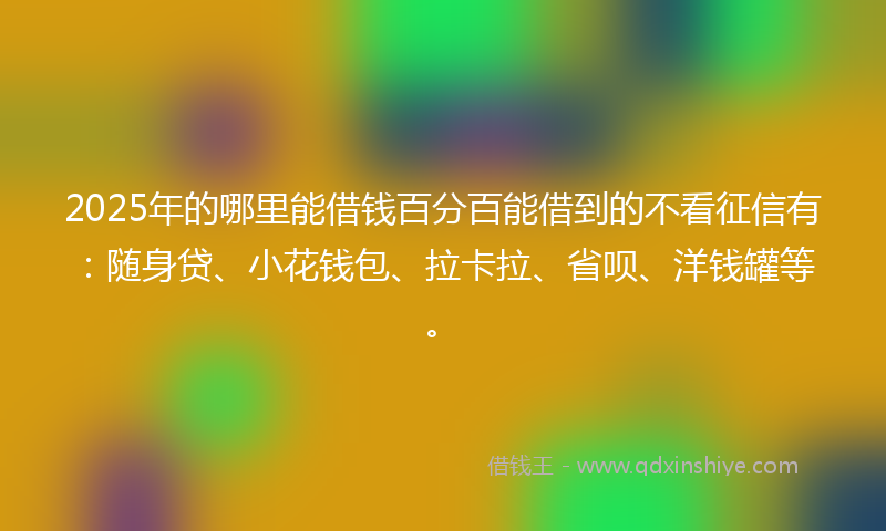 2025年的哪里能借钱百分百能借到的不看征信有：随身贷、小花钱包、拉卡拉、省呗、洋钱罐等。