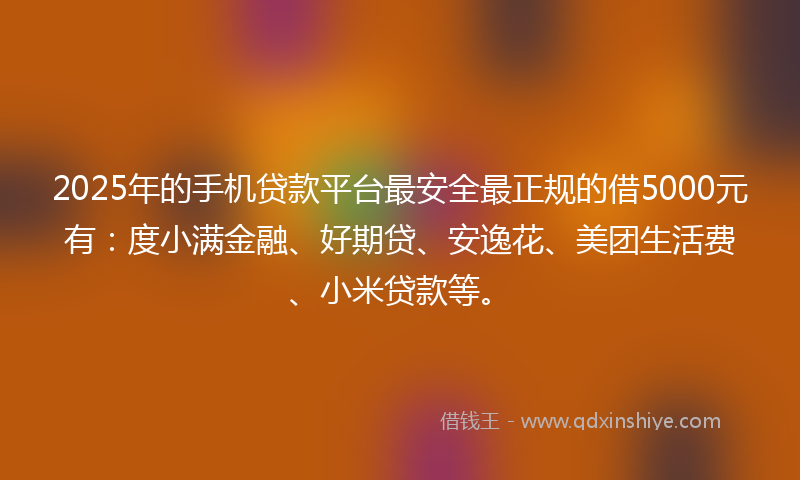 2025年的手机贷款平台最安全最正规的借5000元有：度小满金融、好期贷、安逸花、美团生活费、小米贷款等。