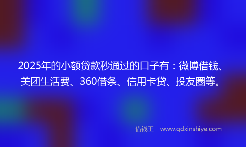 2025年的小额贷款秒通过的口子有：微博借钱、美团生活费、360借条、信用卡贷、投友圈等。