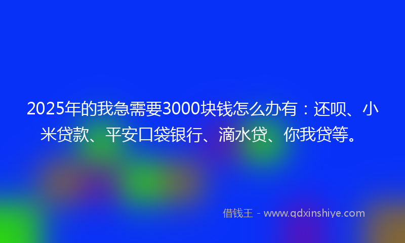 2025年的我急需要3000块钱怎么办有：还呗、小米贷款、平安口袋银行、滴水贷、你我贷等。