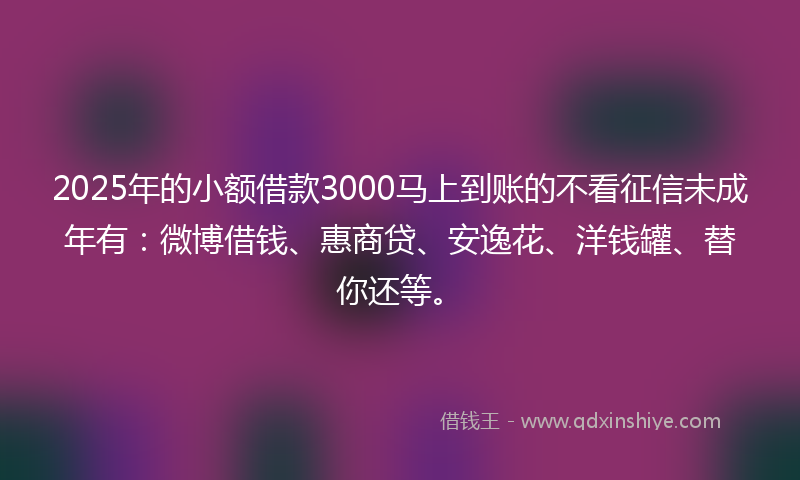 2025年的小额借款3000马上到账的不看征信未成年有：微博借钱、惠商贷、安逸花、洋钱罐、替你还等。