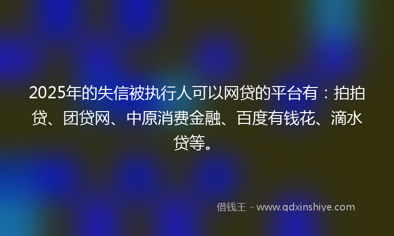 2025年的失信被执行人可以网贷的平台有：拍拍贷、团贷网、中原消费金融、百度有钱花、滴水贷等。