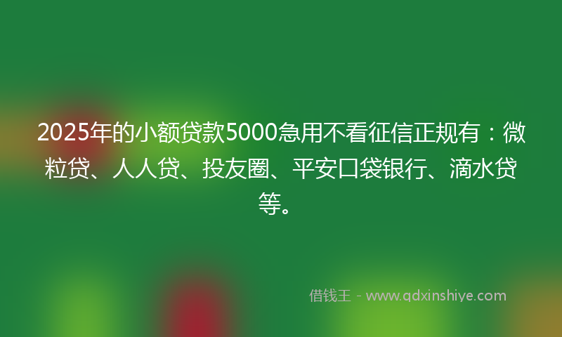 2025年的小额贷款5000急用不看征信正规有：微粒贷、人人贷、投友圈、平安口袋银行、滴水贷等。