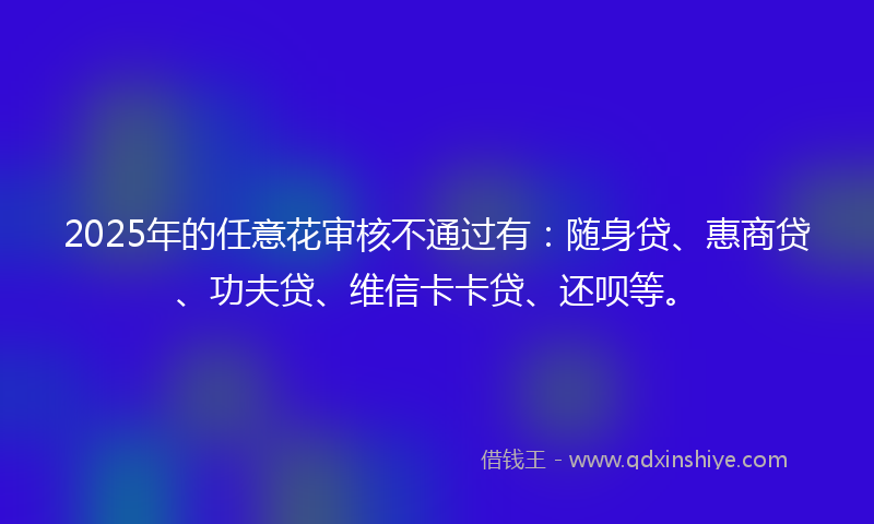 2025年的任意花审核不通过有：随身贷、惠商贷、功夫贷、维信卡卡贷、还呗等。