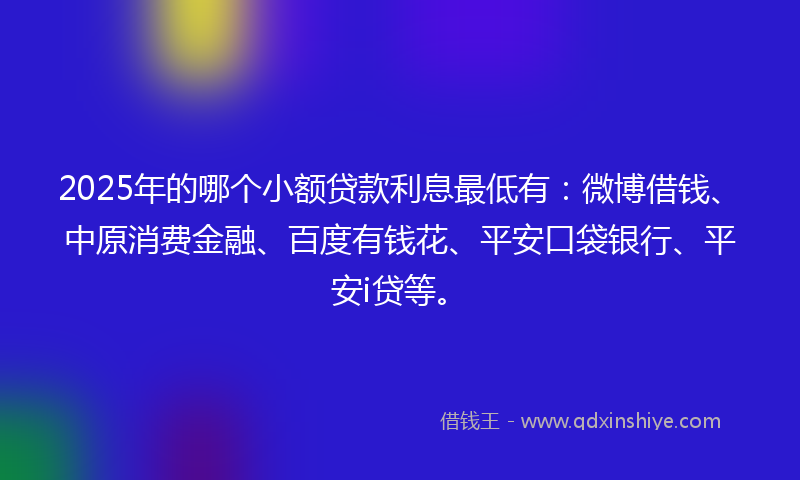 2025年的哪个小额贷款利息最低有：微博借钱、中原消费金融、百度有钱花、平安口袋银行、平安i贷等。