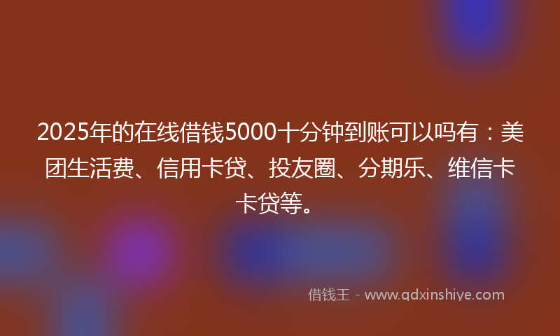2025年的在线借钱5000十分钟到账可以吗有：美团生活费、信用卡贷、投友圈、分期乐、维信卡卡贷等。