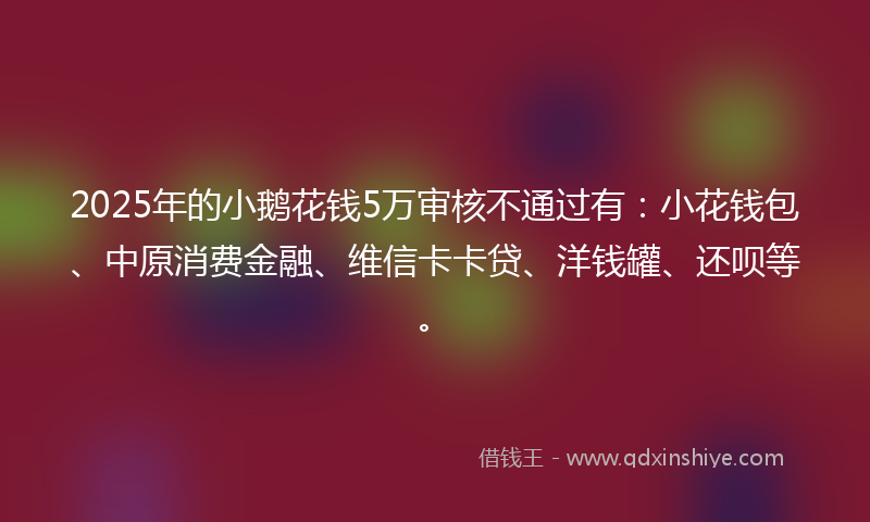 2025年的小鹅花钱5万审核不通过有：小花钱包、中原消费金融、维信卡卡贷、洋钱罐、还呗等。