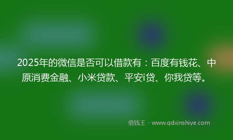 2025年的微信是否可以借款有：百度有钱花、中原消费金融、小米贷款、平安i贷、你我贷等。