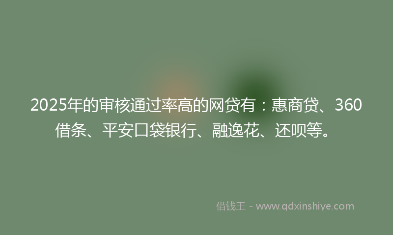 2025年的审核通过率高的网贷有：惠商贷、360借条、平安口袋银行、融逸花、还呗等。