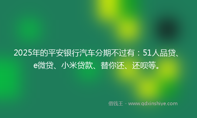 2025年的平安银行汽车分期不过有：51人品贷、e微贷、小米贷款、替你还、还呗等。