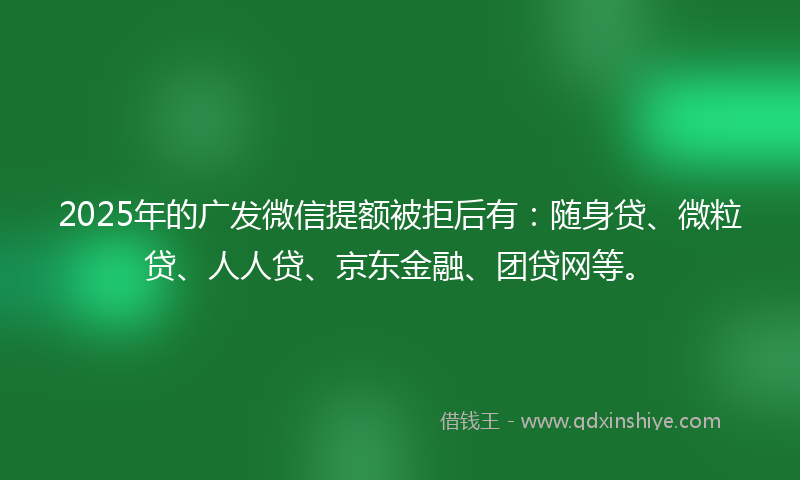 2025年的广发微信提额被拒后有：随身贷、微粒贷、人人贷、京东金融、团贷网等。