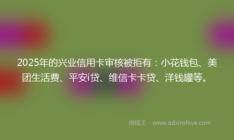 2025年的兴业信用卡审核被拒有：小花钱包、美团生活费、平安i贷、维信卡卡贷、洋钱罐等。