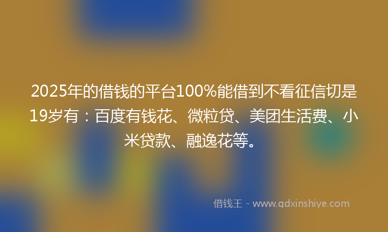 2025年的借钱的平台100%能借到不看征信切是19岁有：百度有钱花、微粒贷、美团生活费、小米贷款、融逸花等。