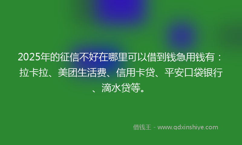 2025年的征信不好在哪里可以借到钱急用钱有：拉卡拉、美团生活费、信用卡贷、平安口袋银行、滴水贷等。