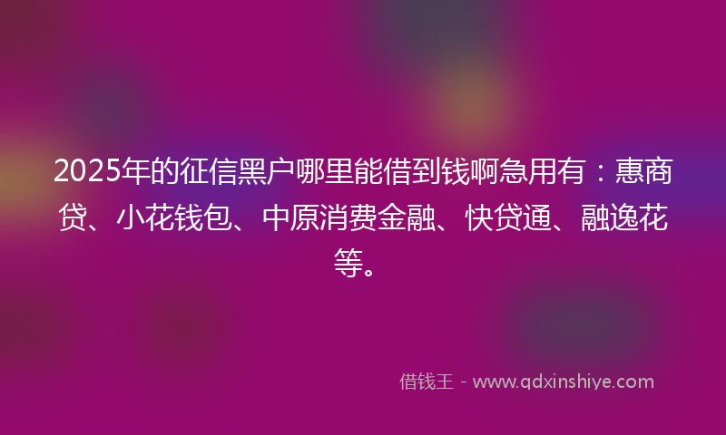 2025年的征信黑户哪里能借到钱啊急用有：惠商贷、小花钱包、中原消费金融、快贷通、融逸花等。