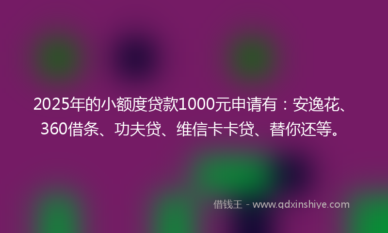 2025年的小额度贷款1000元申请有：安逸花、360借条、功夫贷、维信卡卡贷、替你还等。