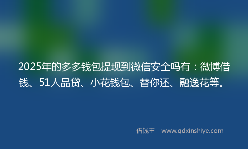 2025年的多多钱包提现到微信安全吗有：微博借钱、51人品贷、小花钱包、替你还、融逸花等。
