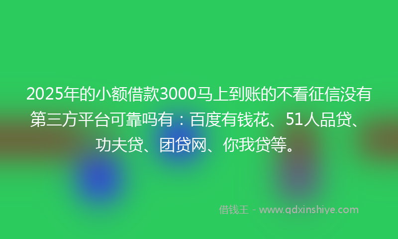 2025年的小额借款3000马上到账的不看征信没有第三方平台可靠吗有：百度有钱花、51人品贷、功夫贷、团贷网、你我贷等。