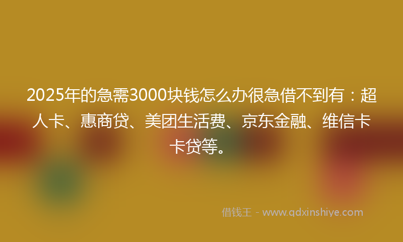 2025年的急需3000块钱怎么办很急借不到有：超人卡、惠商贷、美团生活费、京东金融、维信卡卡贷等。