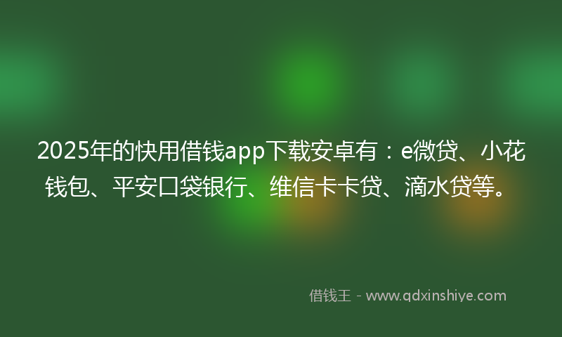 2025年的快用借钱app下载安卓有：e微贷、小花钱包、平安口袋银行、维信卡卡贷、滴水贷等。