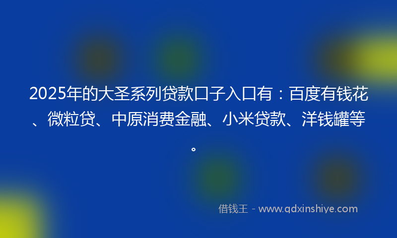 2025年的大圣系列贷款口子入口有：百度有钱花、微粒贷、中原消费金融、小米贷款、洋钱罐等。