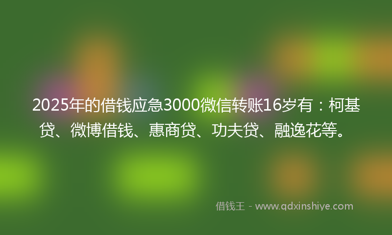 2025年的借钱应急3000微信转账16岁有：柯基贷、微博借钱、惠商贷、功夫贷、融逸花等。