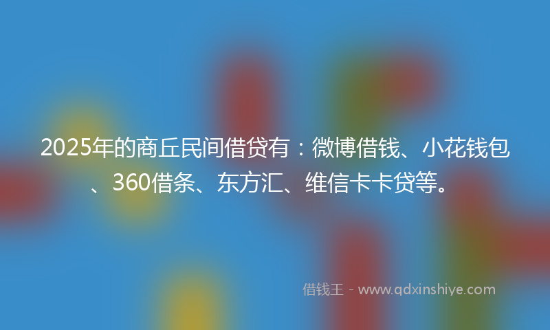 2025年的商丘民间借贷有：微博借钱、小花钱包、360借条、东方汇、维信卡卡贷等。