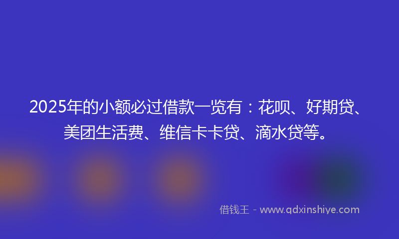 2025年的小额必过借款一览有：花呗、好期贷、美团生活费、维信卡卡贷、滴水贷等。