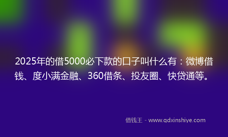 2025年的借5000必下款的口子叫什么有：微博借钱、度小满金融、360借条、投友圈、快贷通等。