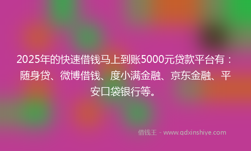 2025年的快速借钱马上到账5000元贷款平台有：随身贷、微博借钱、度小满金融、京东金融、平安口袋银行等。