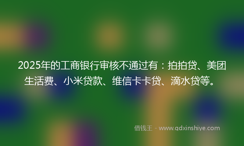 2025年的工商银行审核不通过有：拍拍贷、美团生活费、小米贷款、维信卡卡贷、滴水贷等。