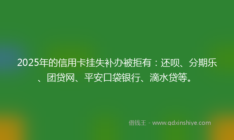 2025年的信用卡挂失补办被拒有：还呗、分期乐、团贷网、平安口袋银行、滴水贷等。