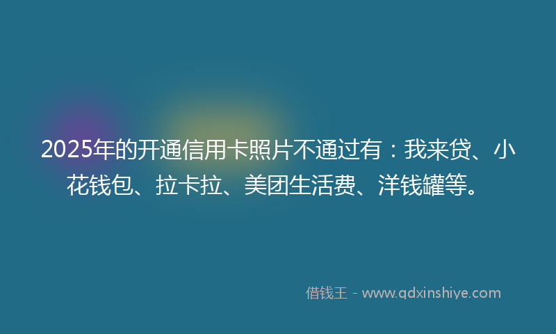 2025年的开通信用卡照片不通过有：我来贷、小花钱包、拉卡拉、美团生活费、洋钱罐等。