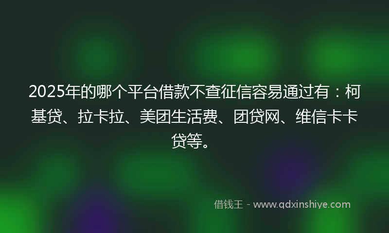 2025年的哪个平台借款不查征信容易通过有：柯基贷、拉卡拉、美团生活费、团贷网、维信卡卡贷等。