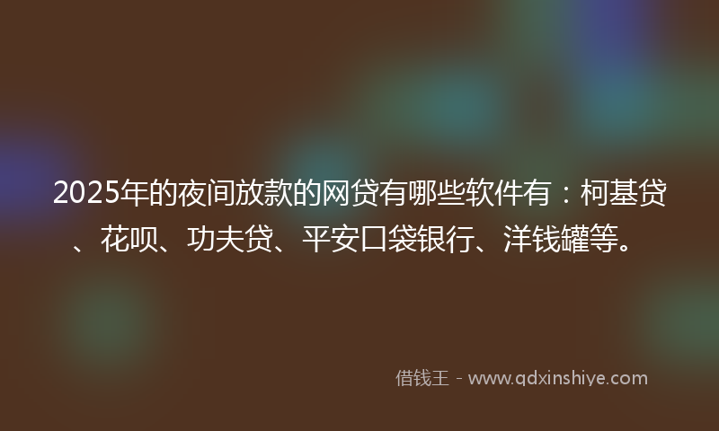 2025年的夜间放款的网贷有哪些软件有：柯基贷、花呗、功夫贷、平安口袋银行、洋钱罐等。