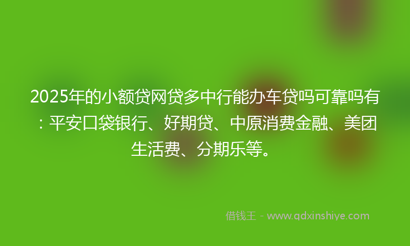 2025年的小额贷网贷多中行能办车贷吗可靠吗有：平安口袋银行、好期贷、中原消费金融、美团生活费、分期乐等。