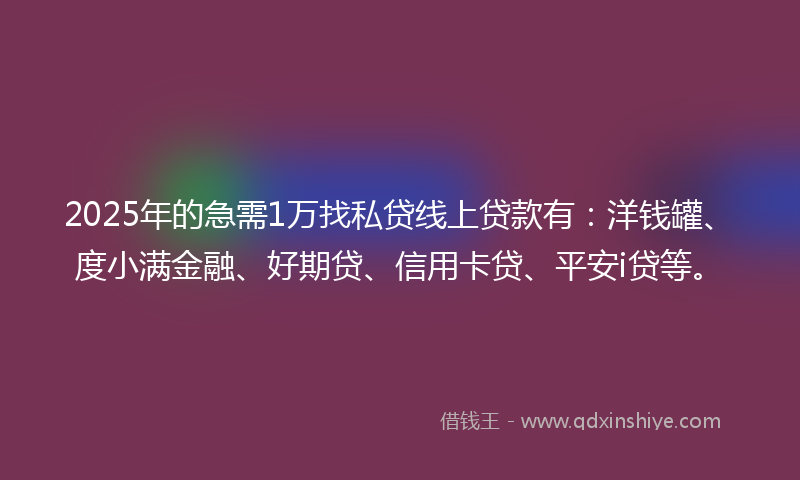 2025年的急需1万找私贷线上贷款有：洋钱罐、度小满金融、好期贷、信用卡贷、平安i贷等。