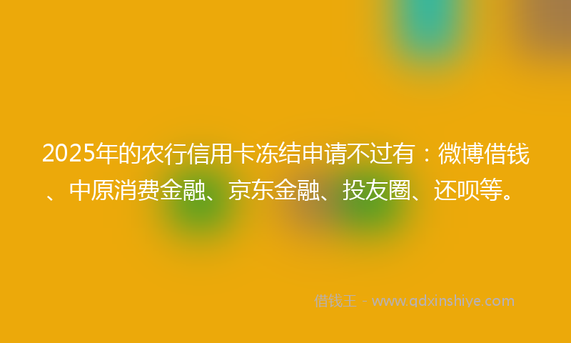 2025年的农行信用卡冻结申请不过有：微博借钱、中原消费金融、京东金融、投友圈、还呗等。